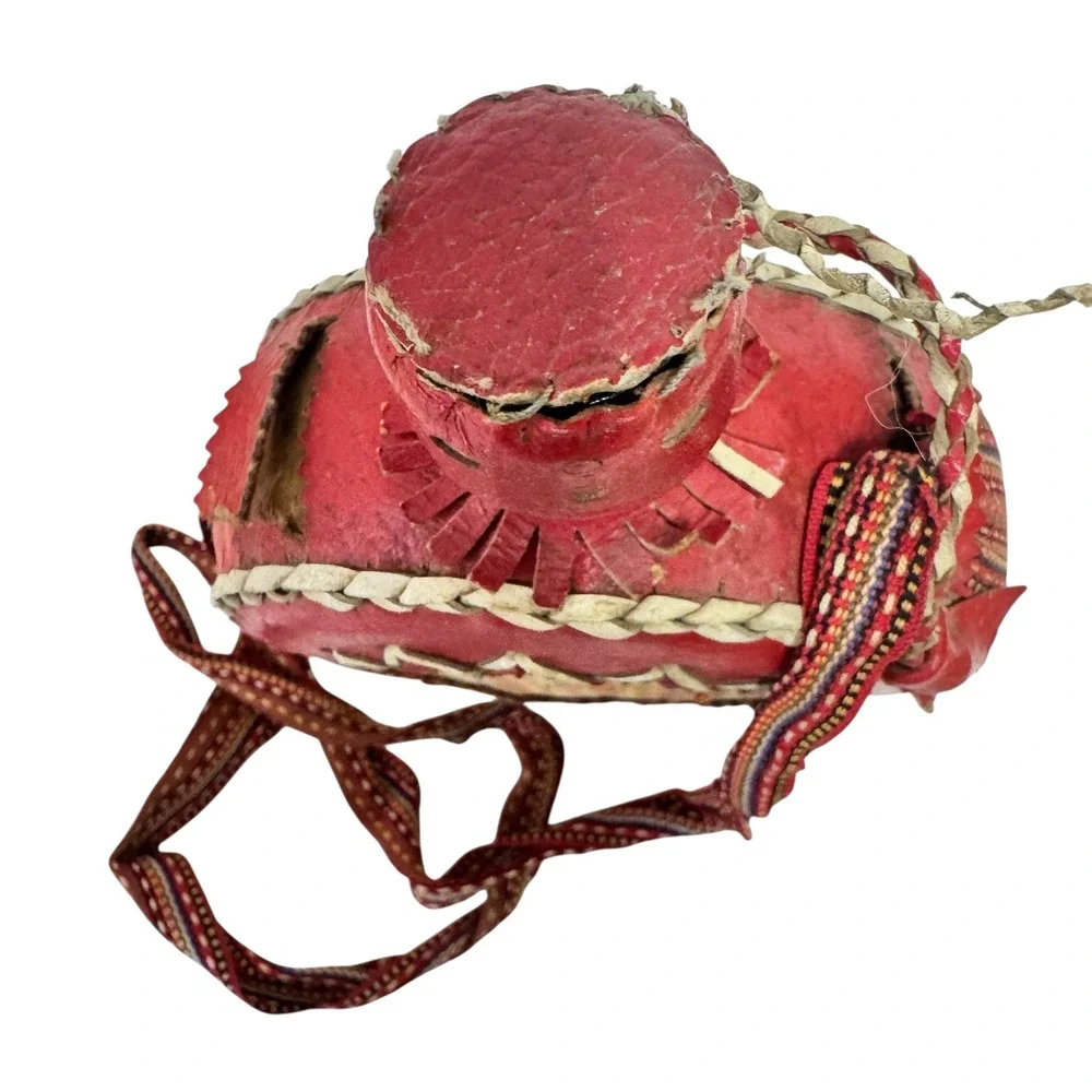 Vintage Red Leather Wrapped Glass Canteen Woven Strap Southwestern Folk Art Boho